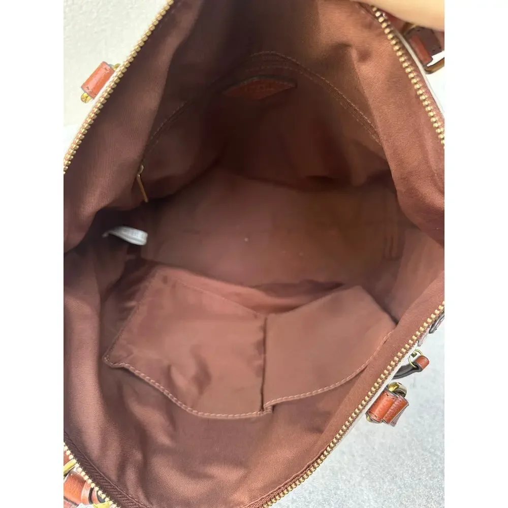 Fossil Genuine Leather Colorblock Tote Bag Ivory Cognac Brown Key Charm